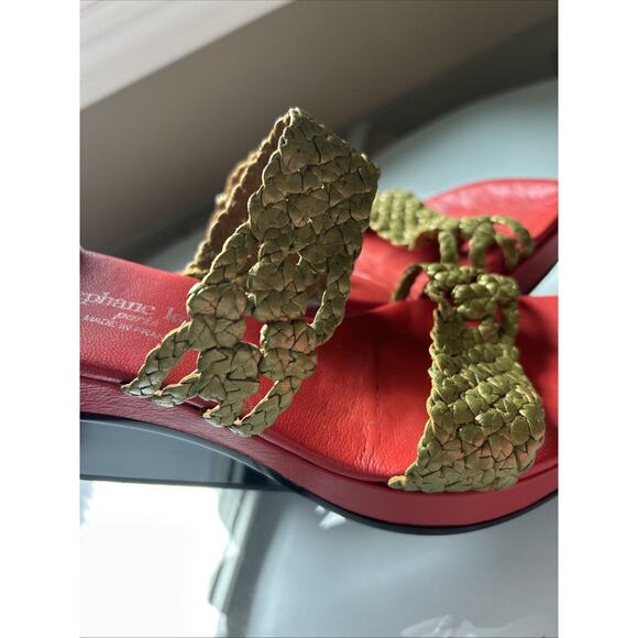stephane kelian Paris WOVEN Leather Platform Sandals GOLD RED BLACK 6 1/2 7 euc - Picture 16 of 16